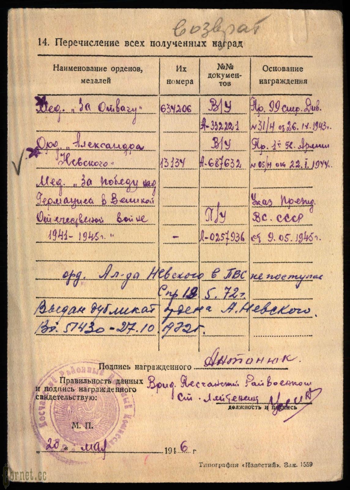 Орден Александра Невского № 13134 дубликат